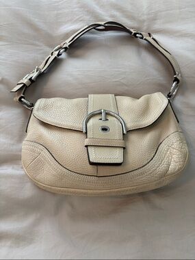 Women's Cream Leather Shoulder Bag with Buckle Accent